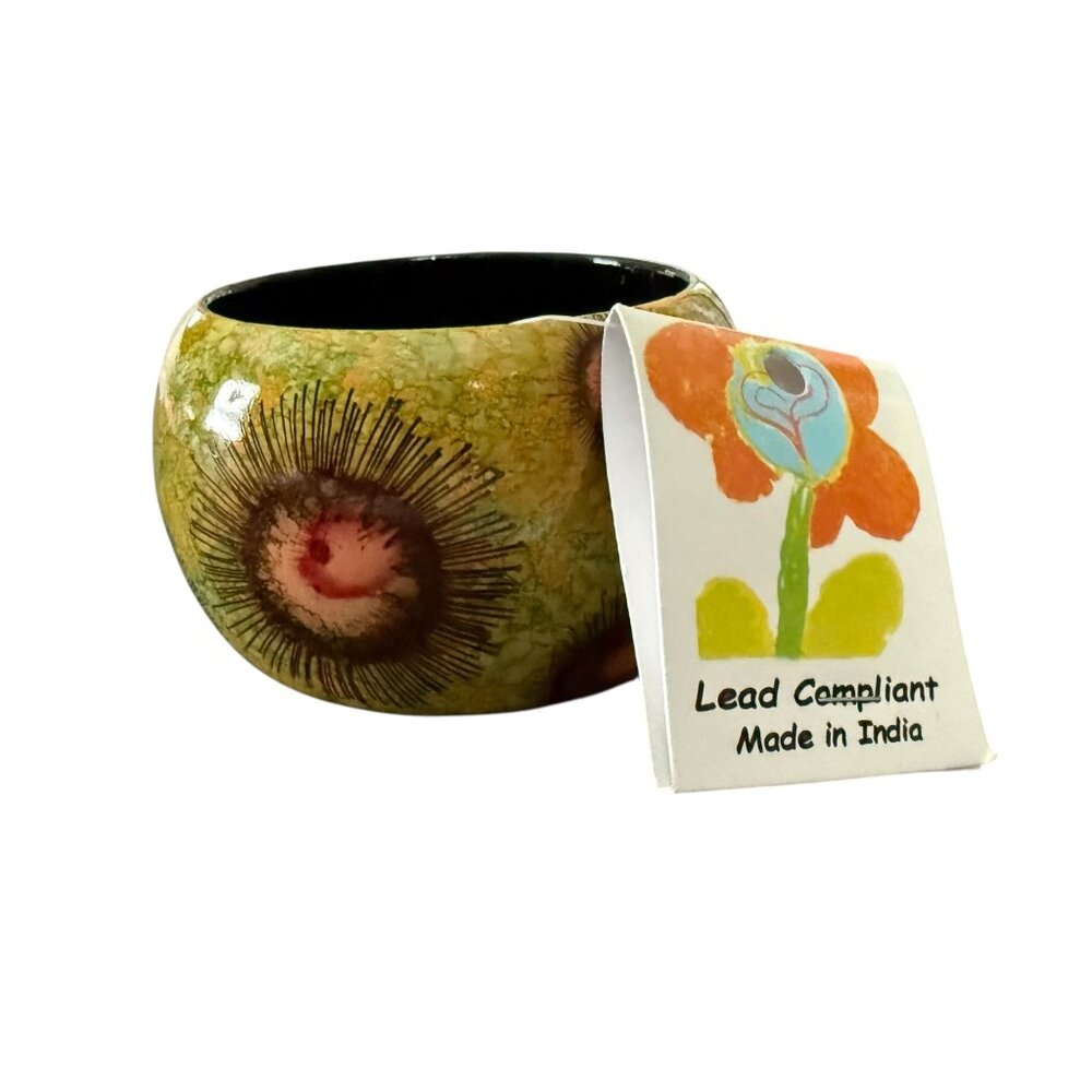 Hand painted Wood Wide Bangle Bracelet Abstract Sunburst Design Green Pink Hues